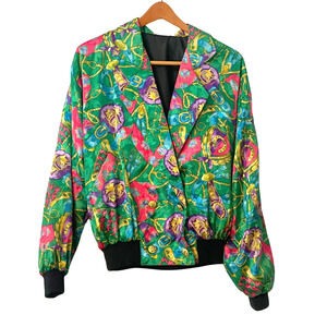 90s Rainbow Collection Bomber Jacket Sz L Silky Colorful Green Baroque Print